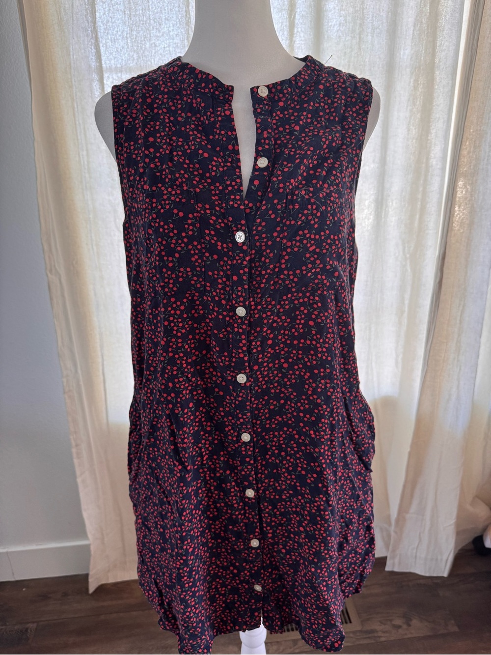 Gap Size Medium Navy Cherry Print Button Dress Loose Flowy